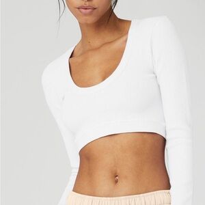 ALO Yoga White Ribbed Long Sleeve Crop Top